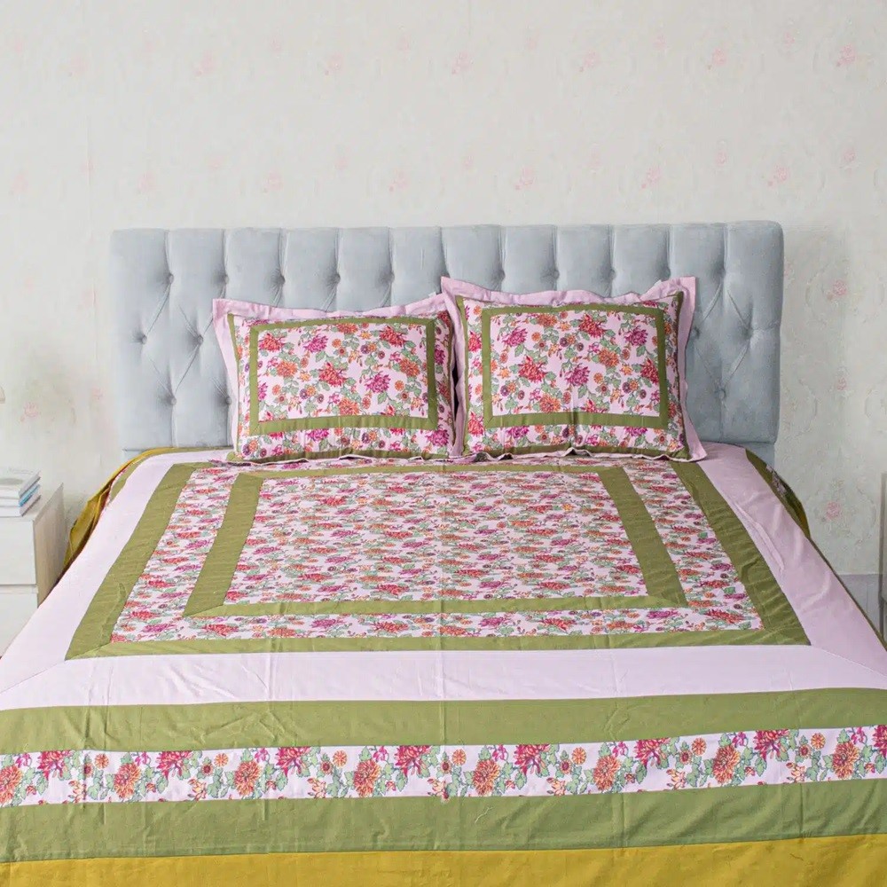 Pink & Green Designer Bedsheet