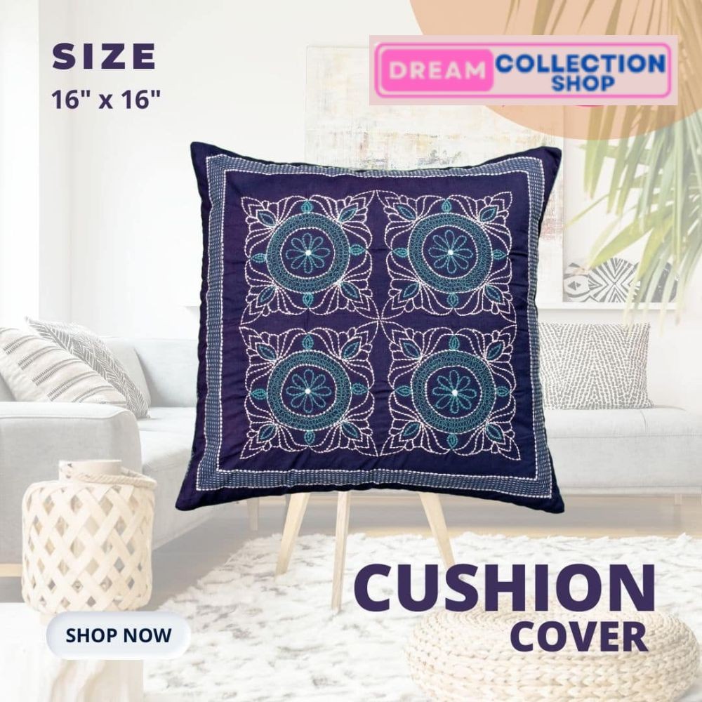 Navy Blue Embroidery Cushion Cover