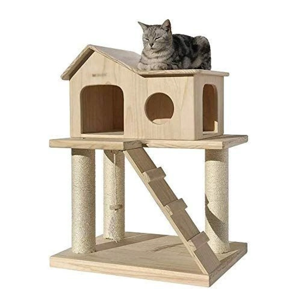 2-Tier Wooden Cat Tree Tower – Indoor Cat Activity Center