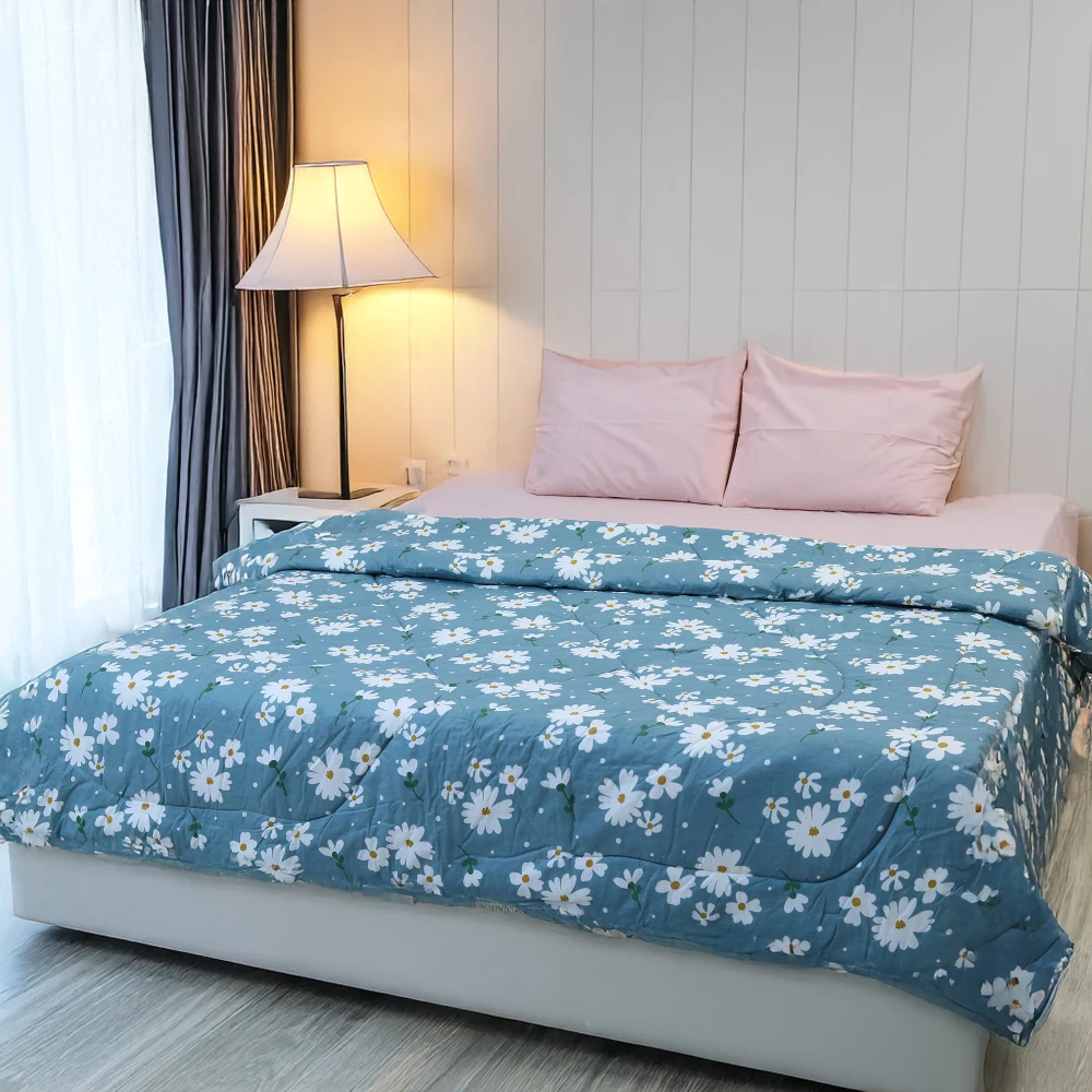 Ash Blue and White Floral Print Comforter