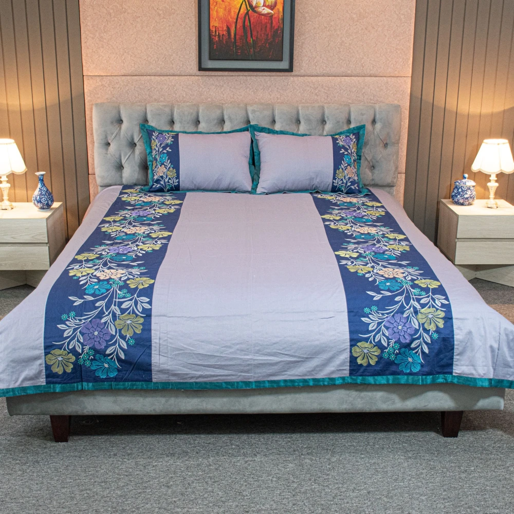 Ash Floral Elegance Embroidery Bedsheet