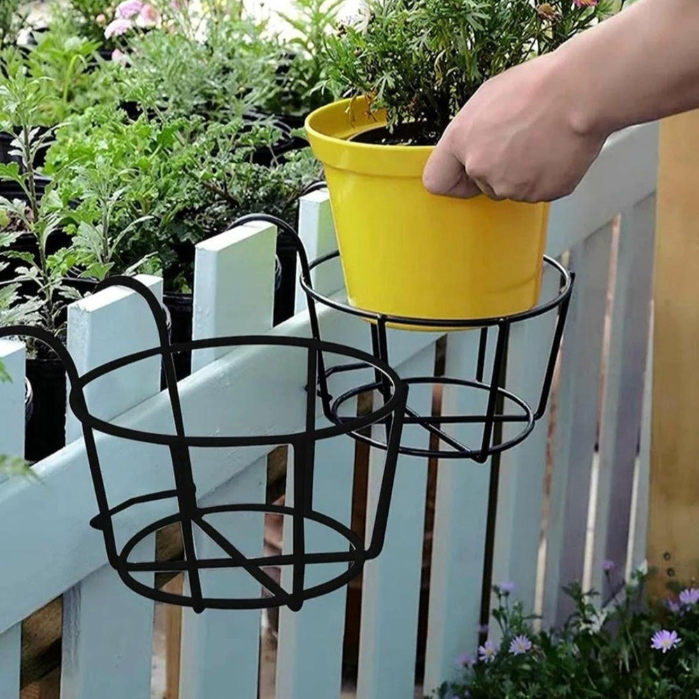 Black Metal Hanging Railing Planters Flower Pot Holder