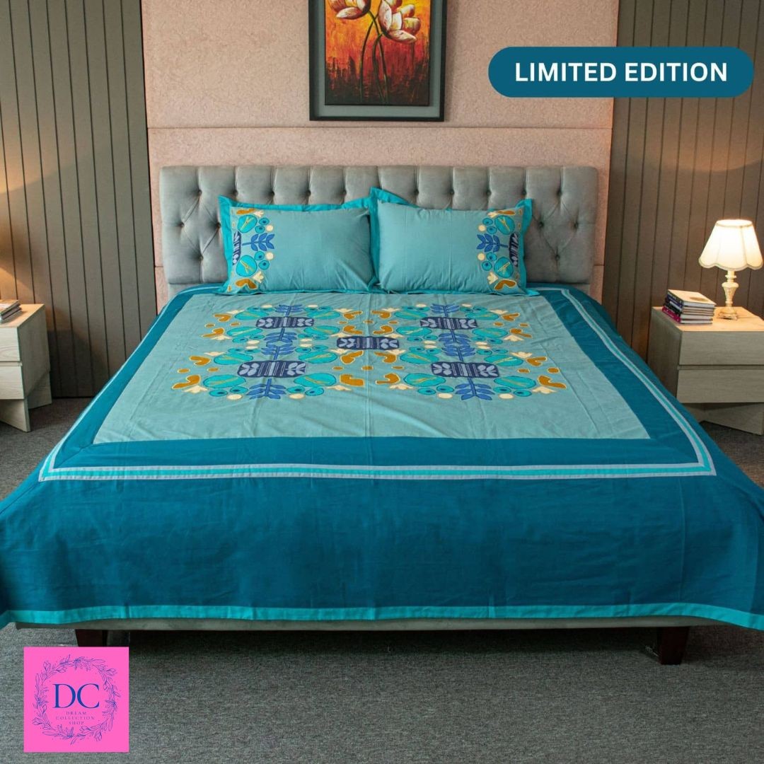 Blue Symphony Embroidered Bed Sheet