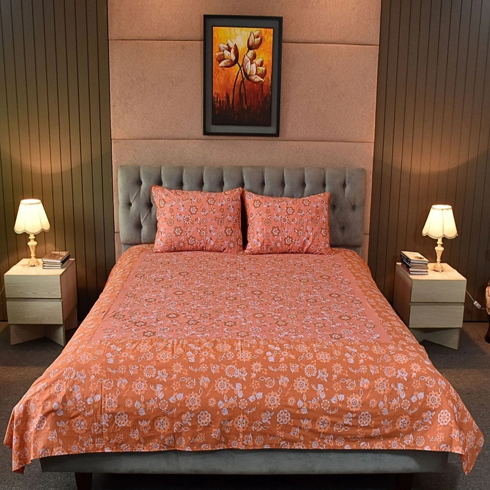 Coral Glow – Screen Print & Embroidery Fusion Bed Sheet