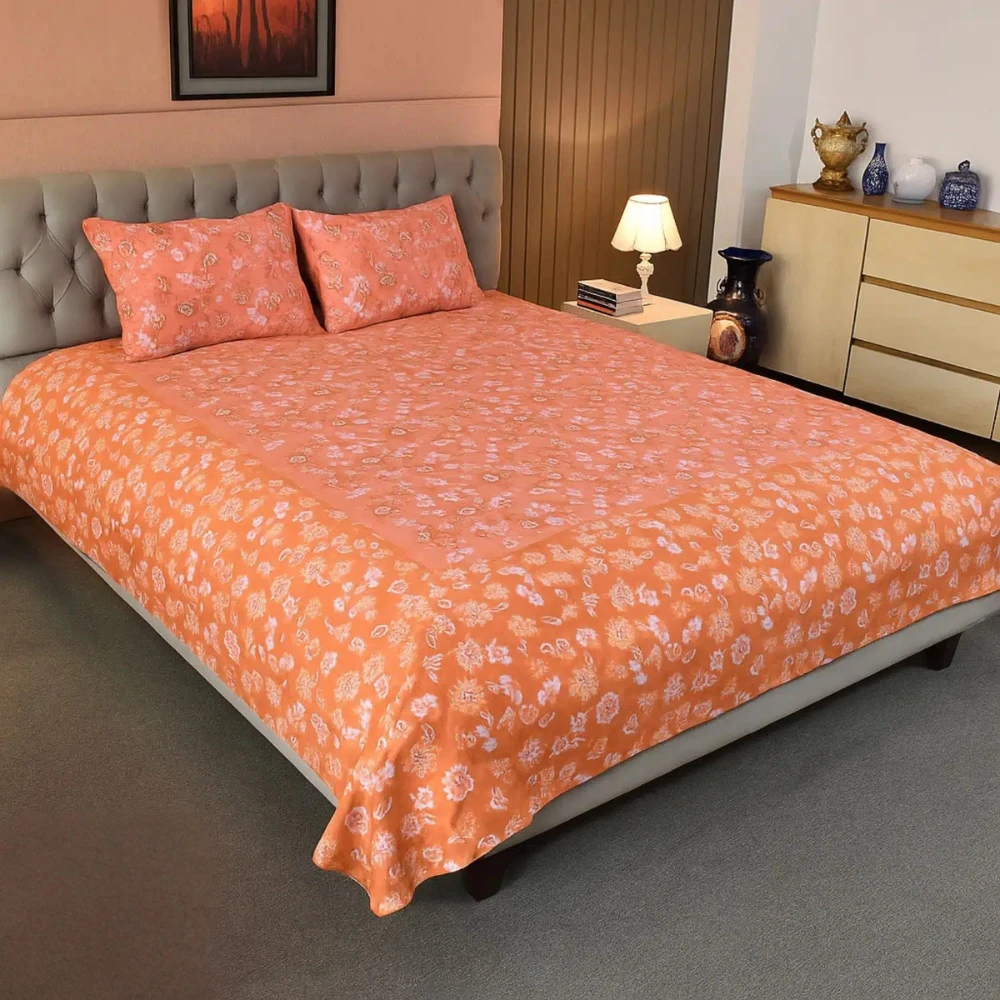 Coral Glow – Screen Print & Embroidery Fusion Bed Sheet