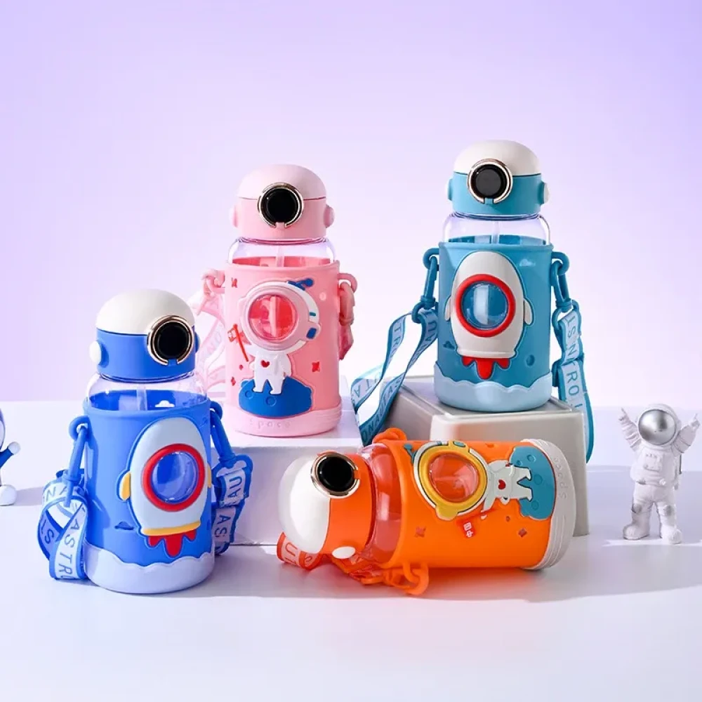 Cute Rocket Astronaut Kids Straw Water Bottle