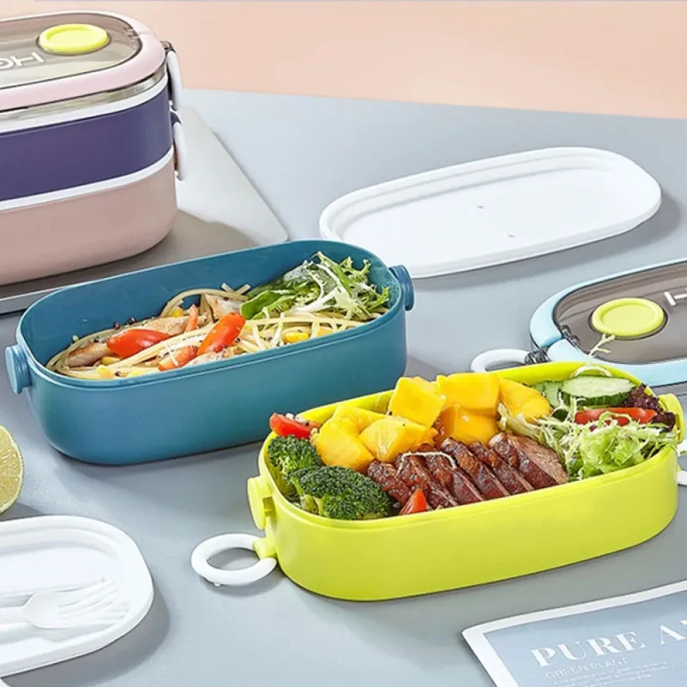 Double-Layer Stainless Steel Bento Lunch Box with Utensils