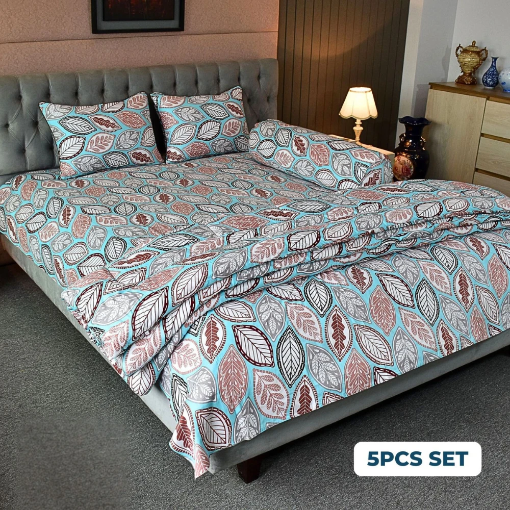 Fallen Leaves Comforter Bedding Set – Pastel Blue (5Pcs)