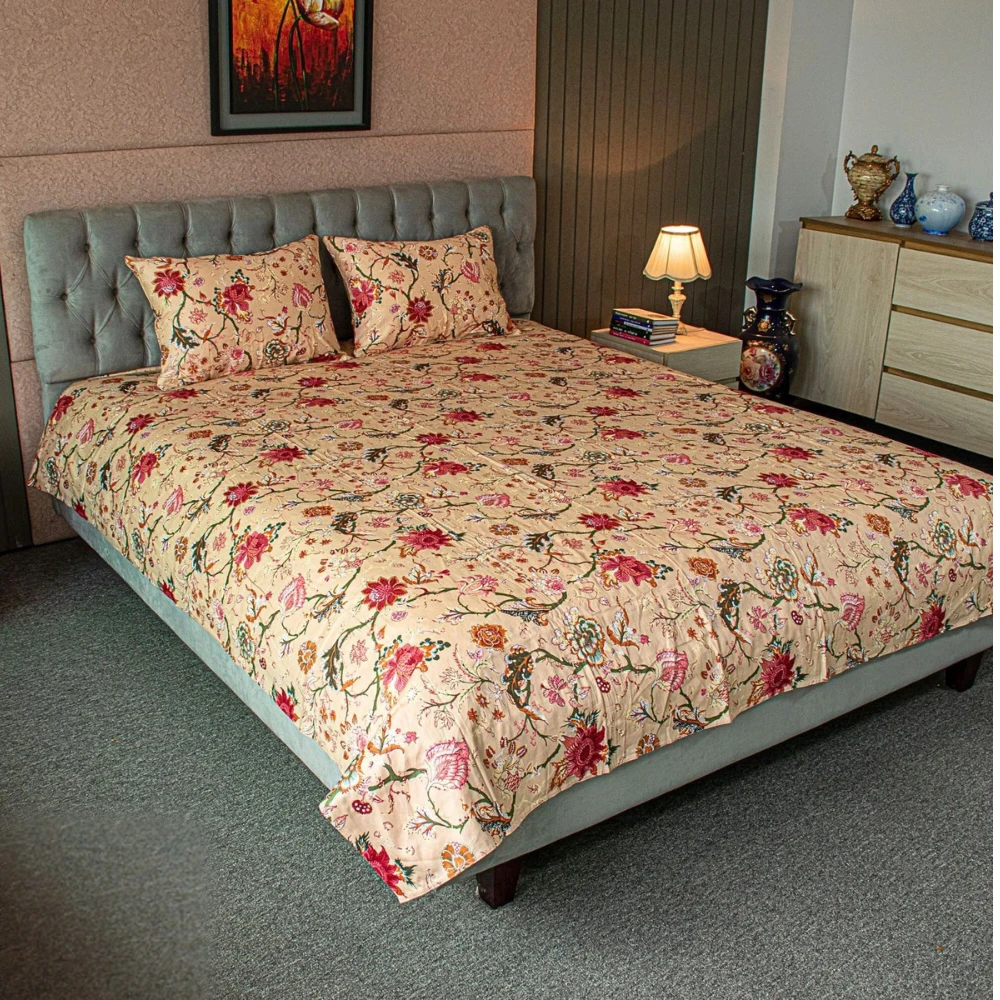 Floral Whisper Printed Bed Sheet – Beige
