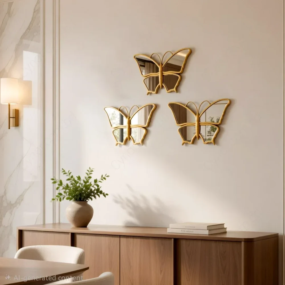 Golden 3 Piece Butterfly Mirror Set Fiber Wall Art Decor