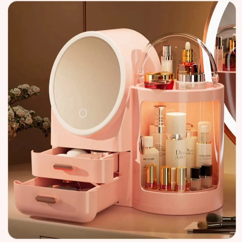High-Grade Dustproof Dressing Table Cosmetics Storage Box with Mirror & LED Light