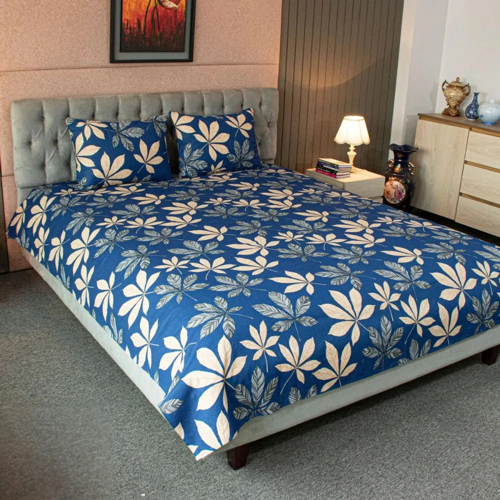 Leafscape Printed Bed Sheet – Blue