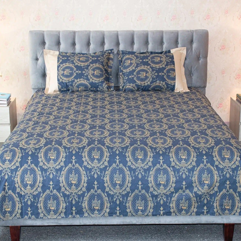Navy Trophy Printed Bed Sheet - Designer