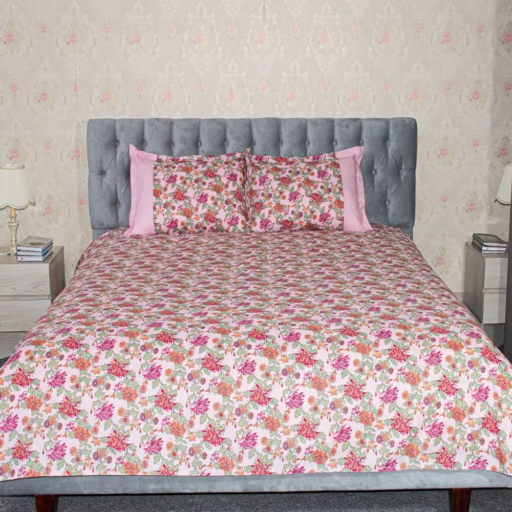 Pink & Green Flower Print Bedsheet