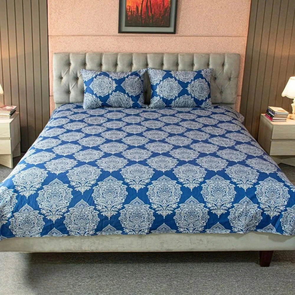Regal Block Motif Printed Bed Sheet – Blue