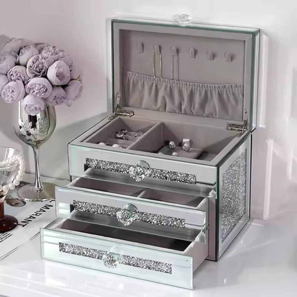 Silver Glass Luxury Jewelry Storage Box – 3 Layer Large Capacity Organizer