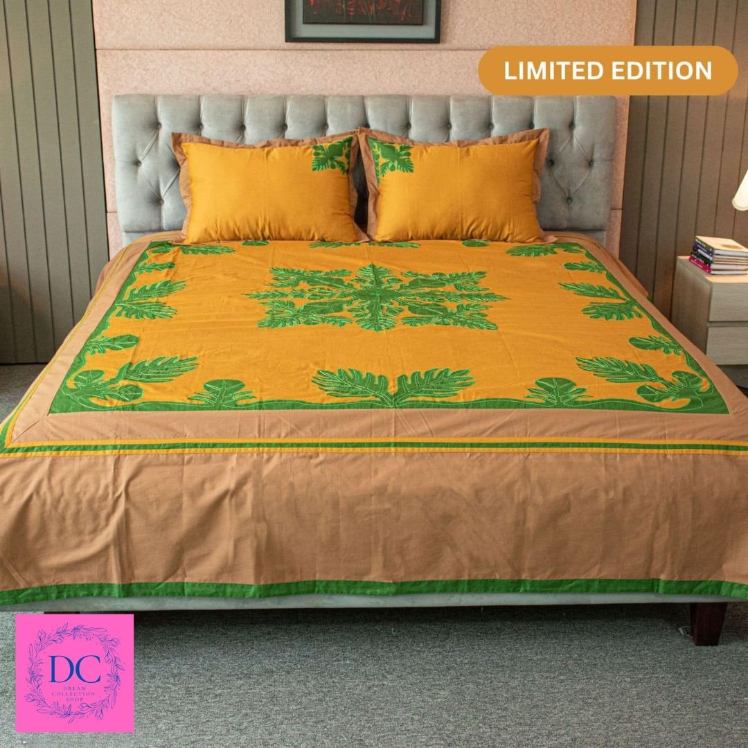 Sunlit Leaves Embroidered Bed Sheet – Mustard Yellow