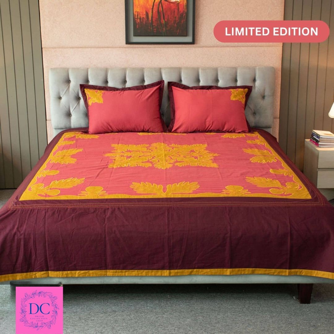 Sunlit Leaves Embroidered Bed Sheet – Reddish