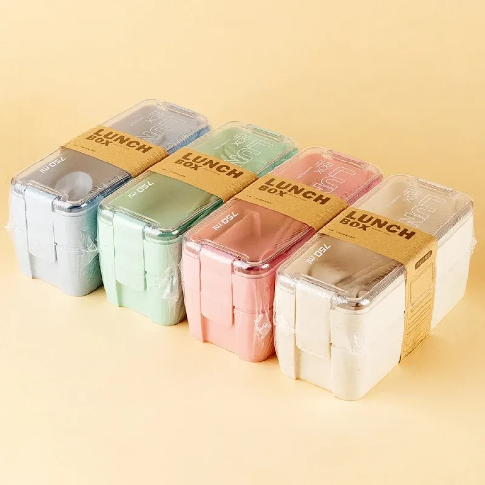 Two-Layer Plastic Bento Lunch Box with Utensils