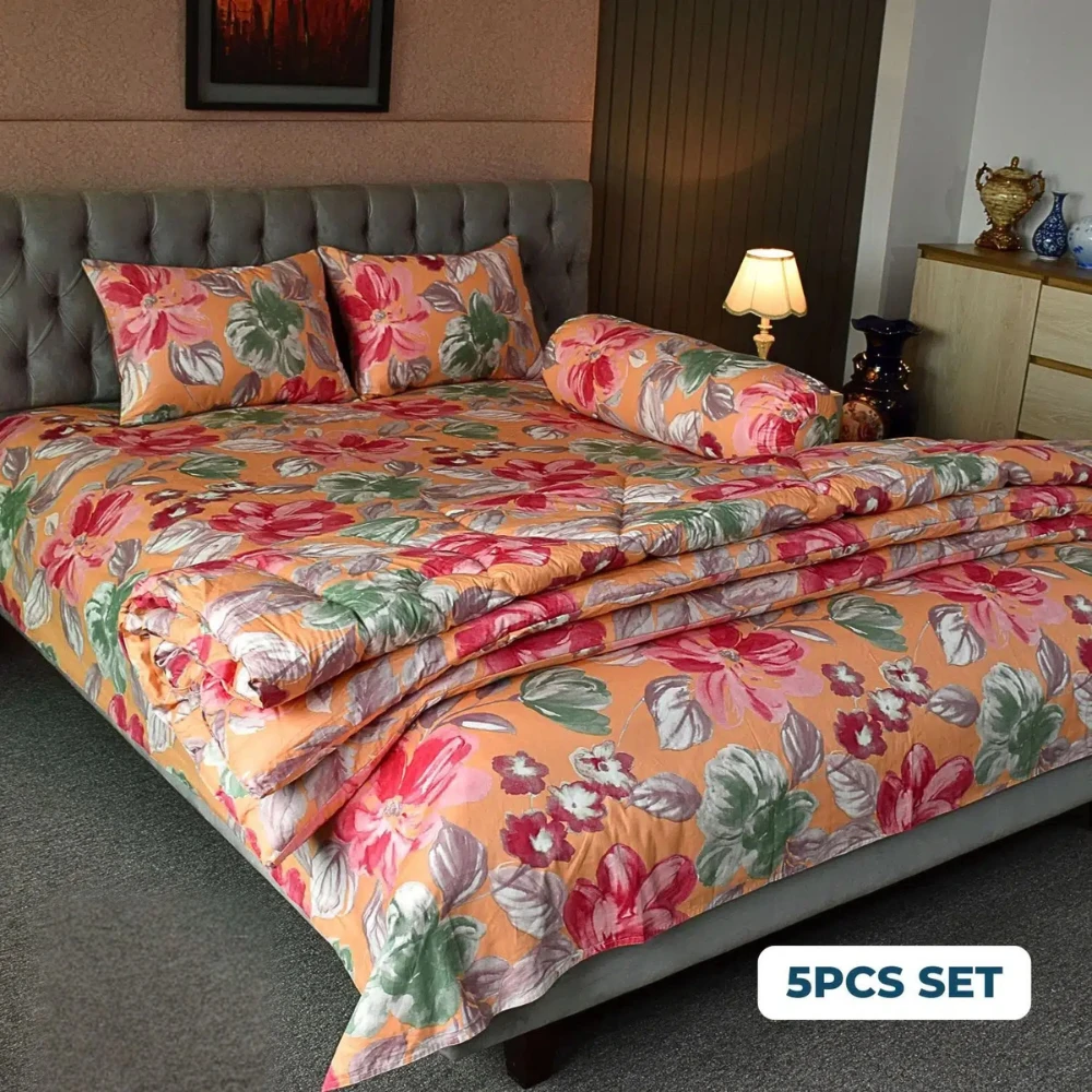 Watercolour Flora Comforter Bedding Set – Orange (5Pcs)